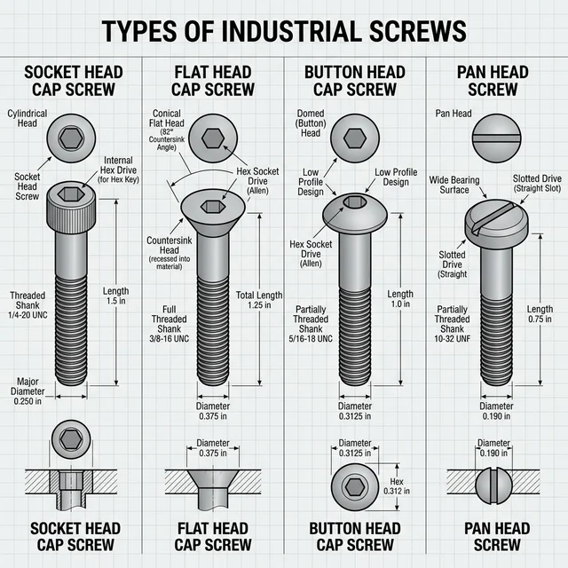 Different Types of Screws: Socket Head, Flat Head, Button Head, Pan Head