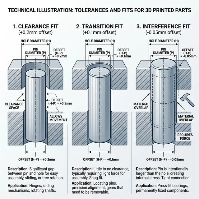 Visual Guide to Tolerances and Fits (+0.2mm Clearance, +0.1mm Transition, -0.05mm Interference)